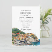 Amalfi Küste Italien Wasserfarbe Skyline Hochzeit Einladung (Stehend Vorderseite)