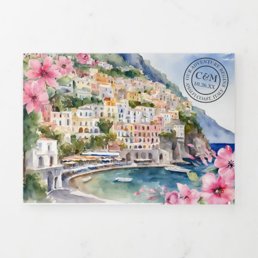 Amalfi Küste Italien Wasserfarben Hochzeit in Urla Dreifach Gefaltete Einladung (Cover)