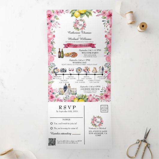 Amalfi Küste Italien Wasserfarben Hochzeit in Urla Dreifach Gefaltete Einladung (Innenseite)