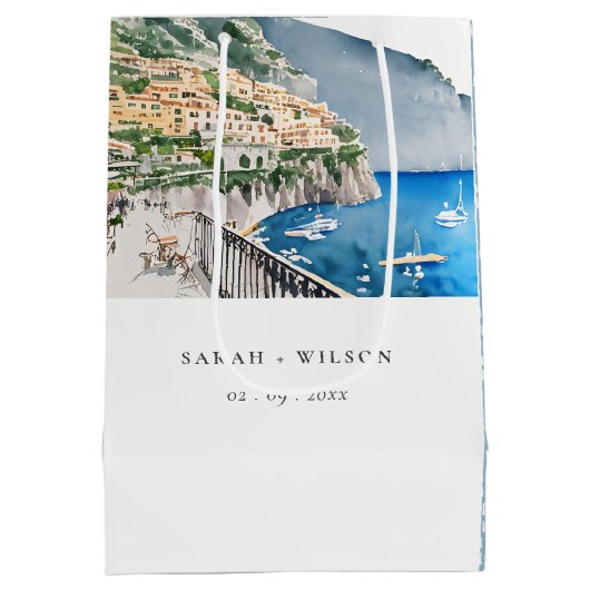 Amalfi Küste Italien Wasserfarbenwelt Hochzeit Mittlere Geschenktüte (Rückseite)