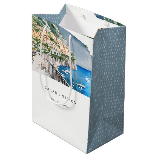 Amalfi Küste Italien Wasserfarbenwelt Hochzeit Mittlere Geschenktüte (Rückseite Schrägansicht)