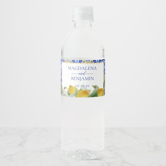 Amalfi Küste Italienisch Blue Tiles Lemons Wedding Wasserflaschenetikett (Vorderseite)