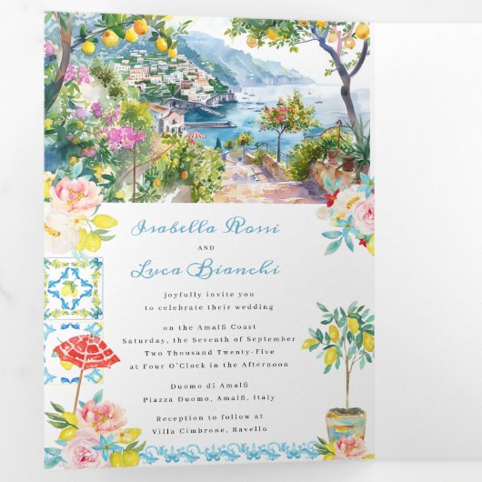 Amalfi Küste Italienisch Mittelmeer Hochzeit Dreifach Gefaltete Einladung (Innen Erste Seite)