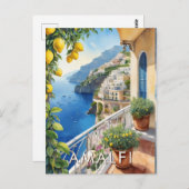 Amalfi Küste Lemon Balkon Ozean Blick Retro Reisen Postkarte (Vorne/Hinten)