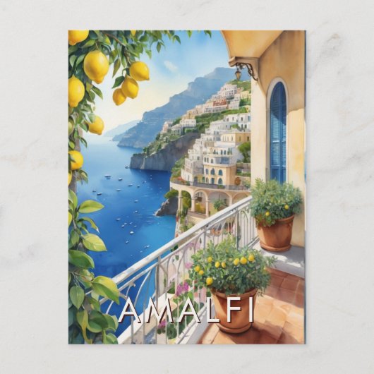 Amalfi Küste Lemon Balkon Ozean Blick Retro Reisen Postkarte (Vorderseite)