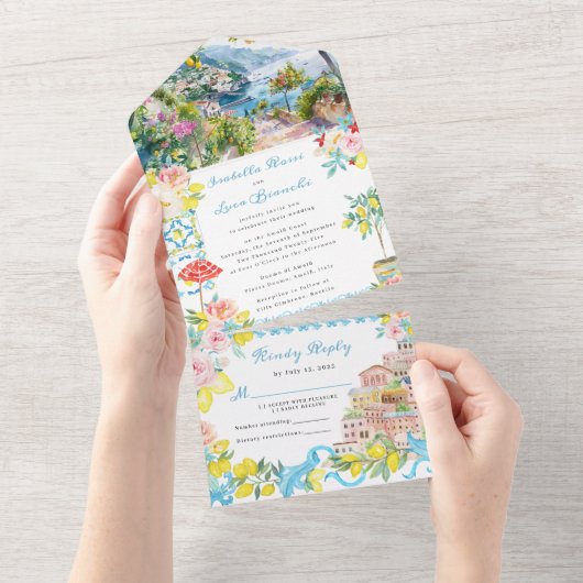 Amalfi Küste Mittelmeer Italienische Hochzeit All In One Einladung (Abreißen)