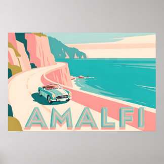 Amalfi Küste Retro Reisen : Landschaft Flat Vector Poster