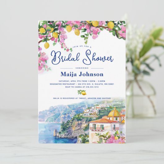Amalfi Küste Rosa Zitronen Brautparty Einladung (Stehend Vorderseite)