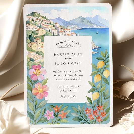 Amalfi-Küste Wasserfarbe Zitronenblüten Hochzeit Einladung