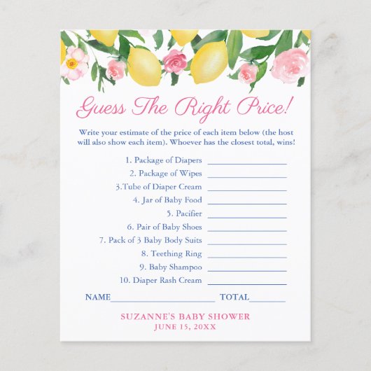 Amalfi Lemon schätzt die Preis Baby Dusche Spielka Flyer (Vorne)