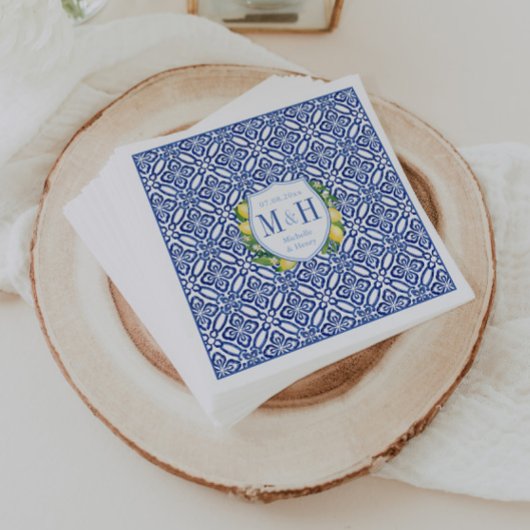 Amalfi Lemons Blue Tile Monogram Wedding Serviette