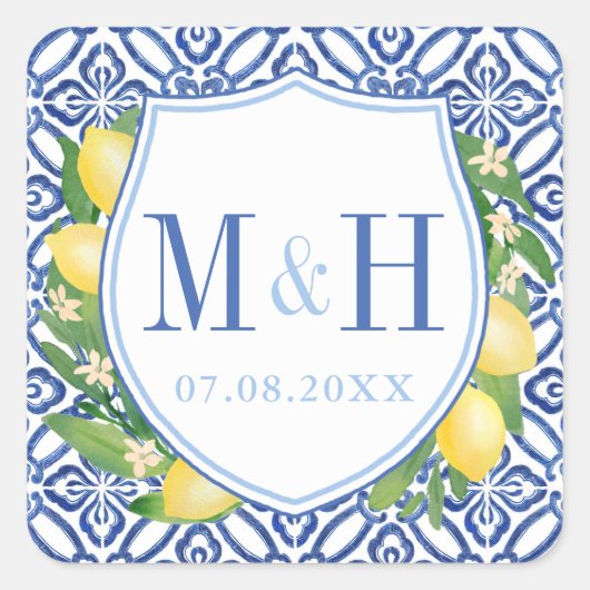 Amalfi Lemons Blue Tiles Wedes Logo Monogram Quadratischer Aufkleber (Vorderseite)