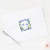 Amalfi Lemons Blue Tiles Wedes Logo Monogram Quadratischer Aufkleber (Umschlag)