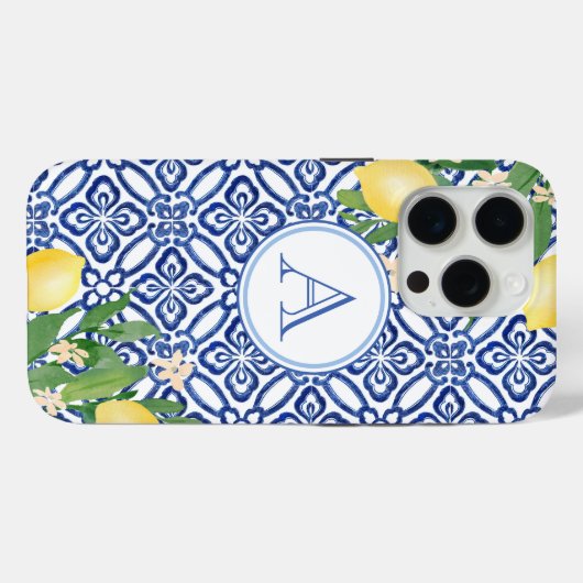 Amalfi Lemons Monogram Blue White Case-Mate iPhone Hülle (Rückseite (Horizontal))