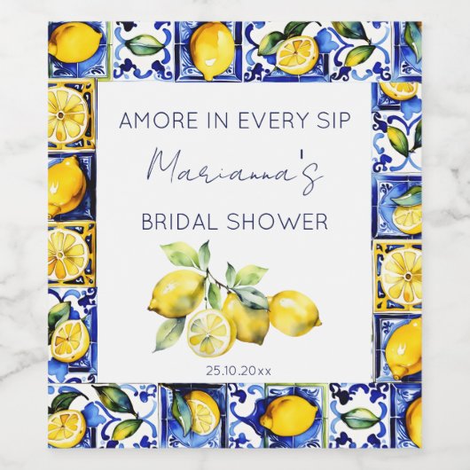 Amalfi Positano blue tiles lemons bridal shower Weinetikett (Einzelnes Label)