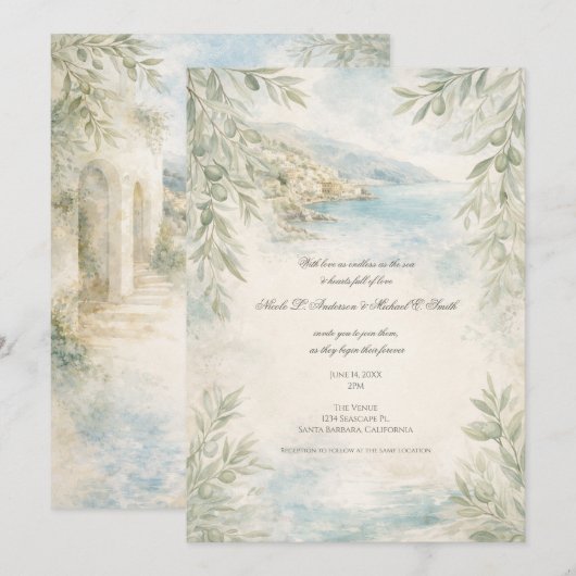 Amalfi Reverie — Mediterranean Coastal Wedding Einladung (Vorne/Hinten)
