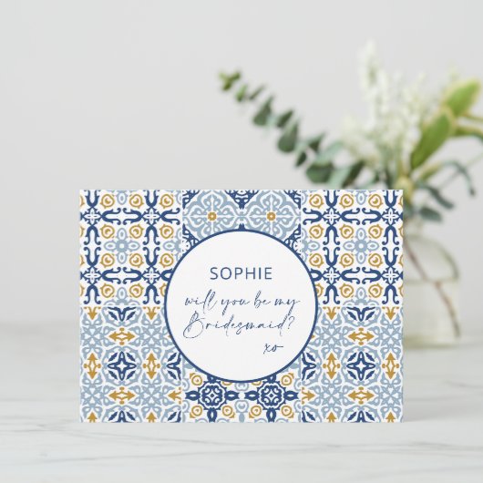 Amalfi Tile Blue Yellow Bridesmaid Vorschlag Card Dankeskarte (Stehend Vorderseite)