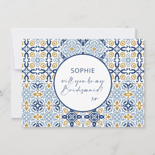 Amalfi Tile Blue Yellow Bridesmaid Vorschlag Card Dankeskarte (Vorderseite)