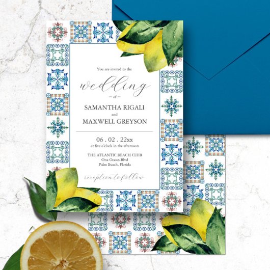 Amalfi Tile & Watercolor Lemon Hochzeit Einladunge Einladung