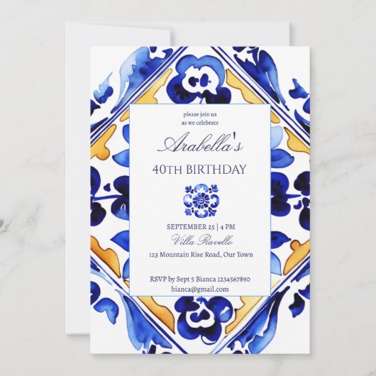 Amalfi Vietri Italienische blaue Fliesen Geburtsta Einladung (Vorderseite)