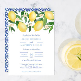 Amalfi Zesty Lemons Vintag Blue Tiles Wedding Einladung