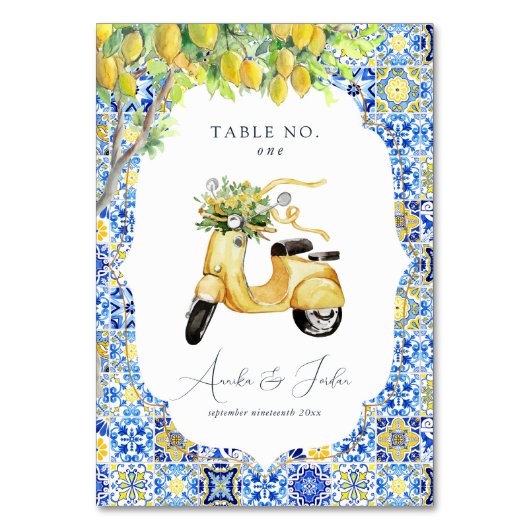 Amalfiküste | Mediterranean Lemon Tiles Wedding Tischnummer (Rückseite)
