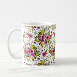 Amanda Sketched Pink und Green Watercolor Floral Kaffeetasse