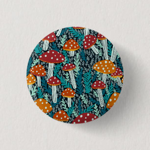 Amanita Magic Mushroom Fern Forest Pattern Button