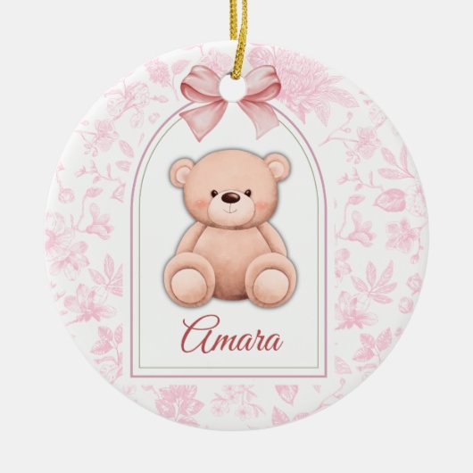 Amara | Benutzerdefiniertes rosa Teddy-Bär-Kinderz Keramik Ornament (Vorne)
