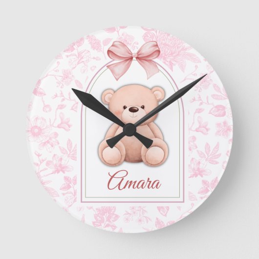 Amara | Benutzerdefiniertes rosa Teddy-Bär-Kinderz Runde Wanduhr (Vorderseite)
