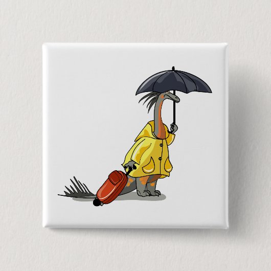 Amargasaurus mit Regenschirm und Koffer. Button (Vorderseite)