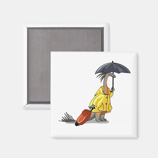 Amargasaurus mit Regenschirm und Koffer. Magnet (Vorderseite/Rückseite)