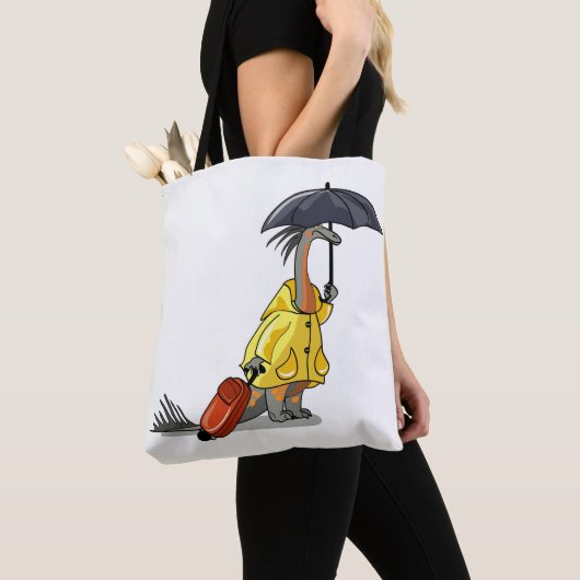 Amargasaurus mit Regenschirm und Koffer. Tasche (Von Nahem)