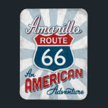 Amarillo Route 66 Vintag America Texas Magnet<br><div class="desc">Diese Vintage Route 66 Amarillo Texas ist mit dem Schild Route 66 Highway gekennzeichnet,  das am unteren Ende von An American Adventure gekennzeichnet ist. In Retro rot weiß und blau.</div>