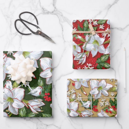 Amaryllis, Holly & Doves Geschenkpapier Set (Vorderseite)