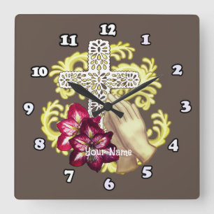Amaryllis Kreuz Christlich  Quadratische Wanduhr