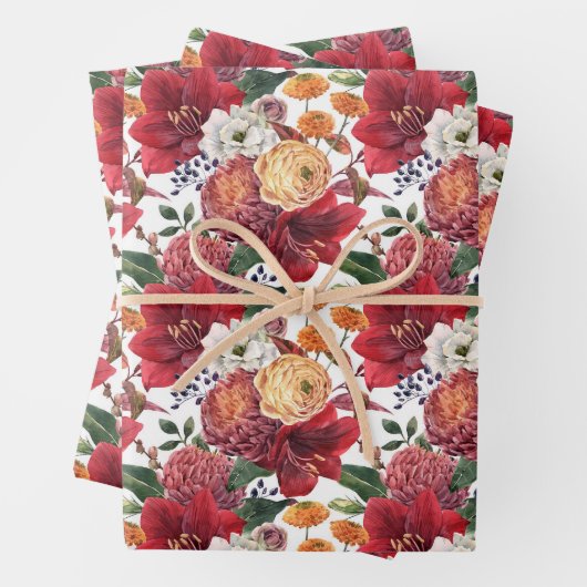 Amaryllis und Chrysanthemums Blumenmuster Geschenkpapier Set (Beispiel)