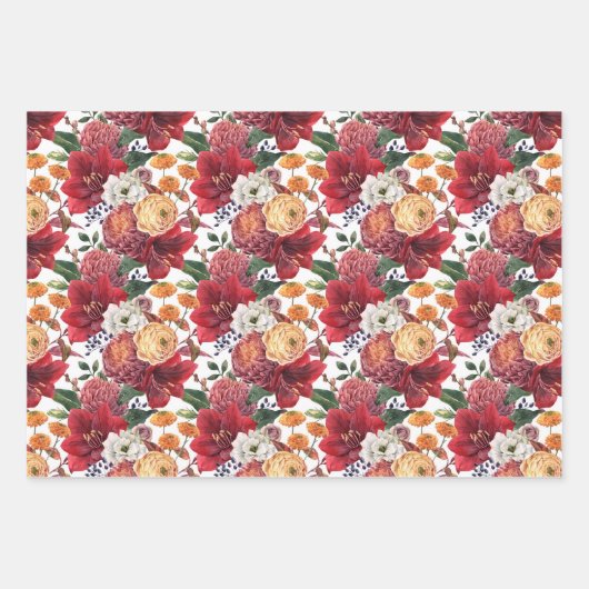 Amaryllis und Chrysanthemums Blumenmuster Geschenkpapier Set (Vorderseite)