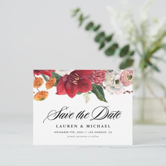 Amaryllis und Herbst-Florals QR-Code Save the Date Ankündigungspostkarte (Stehend Vorderseite)