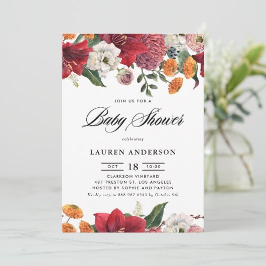 Amaryllis und Mums Botanische Winter Baby-Dusche Einladung (Stehend Vorderseite)