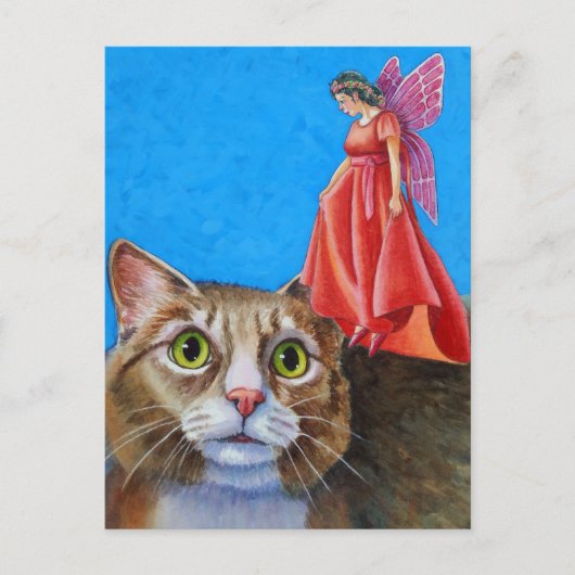 Amazed Cat mit Red Fairy Postkarte (Vorderseite)