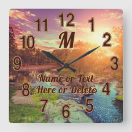 Amazing Creek, Glowing Sun Set Landscape Clock Quadratische Wanduhr