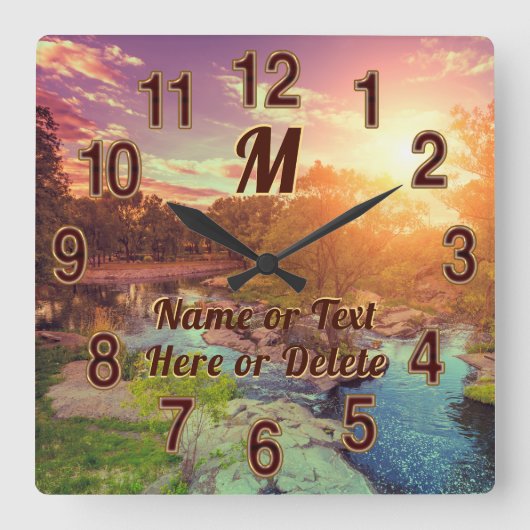 Amazing Creek, Glowing Sun Set Landscape Clock Quadratische Wanduhr (Vorderseite)
