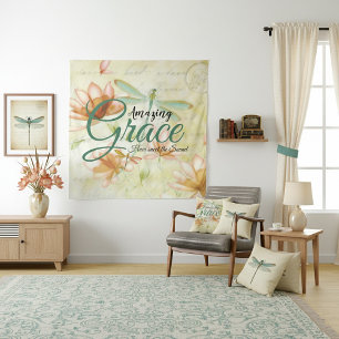 Amazing Grace Blumen und Libelle Wandteppich