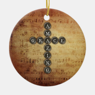 Amazing Grace Kreuz auf Vintage Notenblatt Keramik Ornament