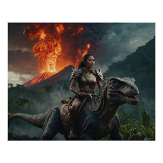 Amazone auf Dinosaurier vor Vulkan – Epische Fant Poster