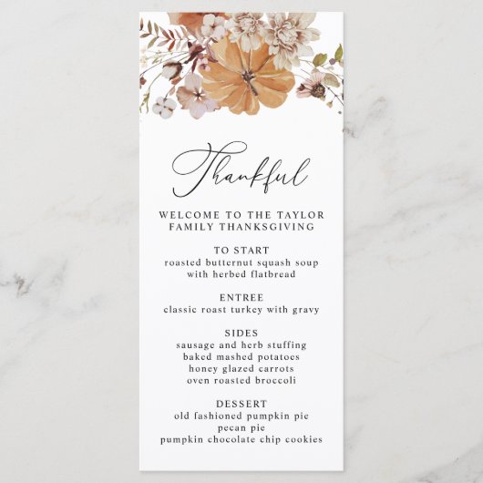 AMBER Erntedank Dinner rustikale Menüvorlage Menükarte (Vorderseite)