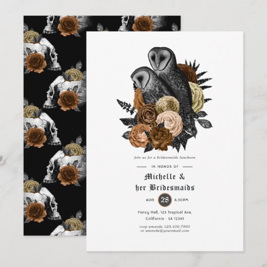 Amber Floral Owls Gothic Bridesmaids Luncheon Einladung (Vorne/Hinten)