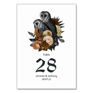Amber Floral Owls Gothic Wedding Tischnummer