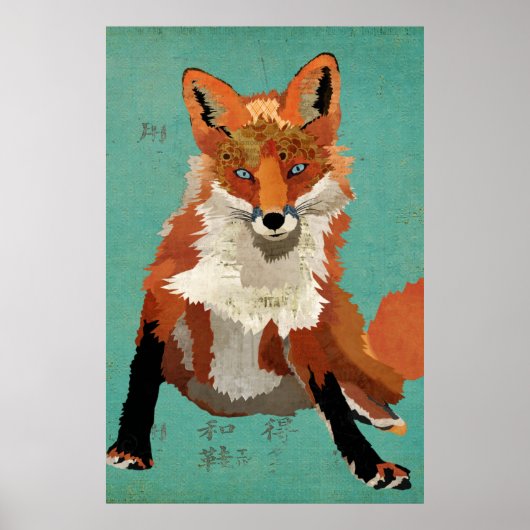 Amber Fox Retro Blue Art Poster (Vorne)
